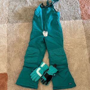 Lands' End Teal Kids Snow Bib and Gloves Set